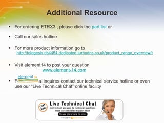 Additional Resource For   ordering   ETRX3   ,   please   click   the   part   list   or Call   our   sales   hotline For   more   product   information   go   to http://telegesis.ds4454.dedicated.turbodns.co.uk/product_range_overview/etrx3_zigbee_module.htm Visit   element14   to   post   your   question   www.element-14.com For   additional   inquires   contact   our   technical   service   hotline   or   even   use   our   “Live   Technical   Chat”   online   facility 