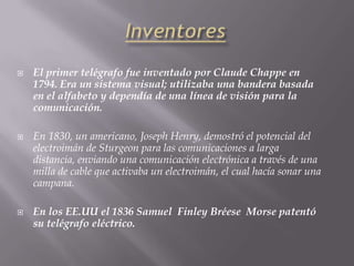 Biografía Samuel MorseSamuel Finley Bréese Morse (1791-1872), artista e inventor estadounidense conocido por haber inventado el telégrafo eléctrico y el código Morse.