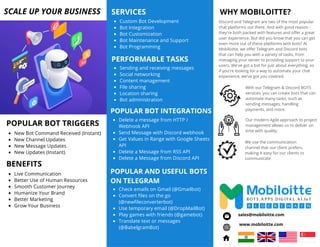 WHY MOBILOITTE?
With our Telegram & Discord BOTS
services, you can create bots that can
automate many tasks, such as
sending messages, handling
payments, and more.
Discord and Telegram are two of the most popular
chat platforms out there. And with good reason -
they're both packed with features and offer a great
user experience. But did you know that you can get
even more out of these platforms with bots? At
Mobiloitte, we offer Telegram and Discord bots
that can help you with a variety of tasks, from
managing your server to providing support to your
users. We've got a bot for just about everything, so
if you're looking for a way to automate your chat
experience, we've got you covered.
We use the communication
channel that our client prefers,
making it easy for our clients to
communicate.
Our modern Agile approach to project
management allows us to deliver on
time with quality.
Custom Bot Development
Bot Integration
Bot Customization
Bot Maintenance and Support
Bot Programming
SERVICES
SCALE UP YOUR BUSINESS
POPULAR BOT TRIGGERS
New Bot Command Received (Instant)
New Channel Updates
New Message Updates
New Updates (Instant)
PERFORMABLE TASKS
Sending and receiving messages
Social networking
Content management
File sharing
Location sharing
Bot administration
POPULAR BOT INTEGRATIONS
Delete a message from HTTP /
Webhook API
Send Message with Discord webhook
Get Values in Range with Google Sheets
API
Delete a Message from RSS API
Delete a Message from Discord API
BENEFITS
Live Communication
Better Use of Human Resources
Smooth Customer Journey
Humanize Your Brand
Better Marketing
Grow Your Business
POPULAR AND USEFUL BOTS
ON TELEGRAM
Check emails on Gmail (@Gmailbot)
Convert files on the go
(@newfileconverterbot)
Use temporary email (@DropMailBot)
Play games with friends (@gamebot)
Translate text or messages
(@BabelgramBot)
www.mobiloitte.com
sales@mobiloitte.com
 