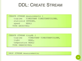 DDL: Create Stream10 CREATE STREAM measurements (     tcqtime   TIMESTAMP TIMESTAMPCOLUMN,      stationid INTEGER,      speed     REAL)     TYPE ARCHIVED; CREATE STREAM tinydb (     tcqtime     TIMESTAMP TIMESTAMPCOLUMN,     light       REAL,     temperature REAL)    TYPE UNARCHIVED;DROP STREAM measurements;