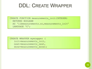 DDL: Create Wrapper13 CREATE FUNCTION measurements_init(INTEGER)   RETURNS BOOLEAN  AS ‘libmeasurements.so,measurements_init’   LANGUAGE ‘C’; CREATE WRAPPER mywrapper (init=measurements_init,next=measurements_next,done=measurements_done);