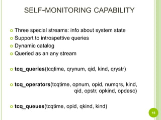 self-monitoring capabilityThree special streams: info about system stateSupport tointrospettive queriesDynamic catalogQueried as an any streamtcq_queries(tcqtime, qrynum, qid, kind, qrystr)tcq_operators(tcqtime, opnum, opid, numqrs, kind, 				qid, opstr, opkind, opdesc)tcq_queues(tcqtime, opid, qkind, kind)15