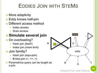 State ModuleA kind of temporary data repositoryHalf-Join operator that keep homogeneous tupleState inside the operators is Decisions-IndipendentSupport the operationsInsertion (build)Look-up (probe)Deletion (eviction) [useful for windows]Similar to a Mjoin but more adaptiveSharing of the state among other continuous queriesBut not storing intermediate resultsIncrease the computation cost significant44