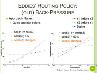 Eddies:Routing Policy How to choose the best plan? Using routingEvery tuple is routed individuallyRouting policy estabilish thesystem efficiencyEddy has a tuple buffer with prioritàInitially they have low priorityExiting form an operator they have higher priorityA tuple is sent to output as early as possibleAvoid system memory congestionAllow low memory consumption49