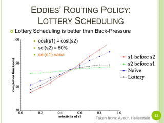 Eddies’ Routing Policy:Lottery SchedulingWaldspurger& Weihlin1994Algorithm to sheduling shared resources« rapidlyfocus availableresources»Every operator begin with N ticketsOperator receive another ticket when take one tuplePromote operators which waste tuples fastOperator lose a ticket when returns one tuplesPromote operators with lowselettivitàlow: Operators that returns few tuples after processing manyWhen two operators compete for a tupleThe tuple is assigned  to lottery winner operatorNever let op without tickets + randomexploration51