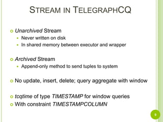 Stream in TelegraphCQUnarchived StreamNever written on diskIn shared memory between executor and wrapperArchived StreamAppend-only method to send tuples to systemNo update, insert, delete; query aggregate with windowtcqtimeof type TIMESTAMP for window queriesWith constraint TIMESTAMPCOLUMN9