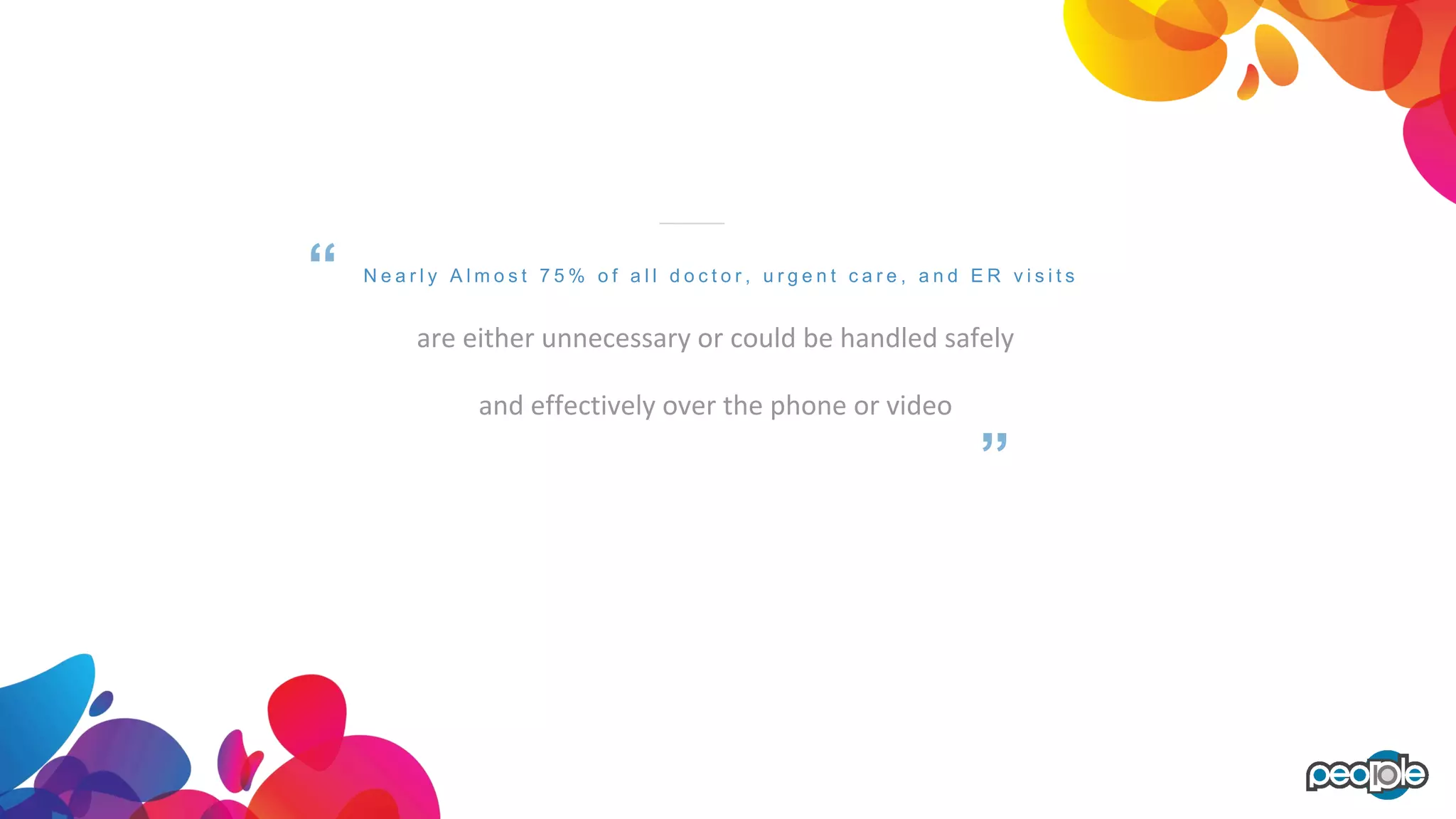 are either unnecessary or could be handled safely
and effectively over the phone or video
N e a r l y A l m o s t 7 5 % o f a l l d o c t o r , u r g e n t c a r e , a n d E R v i s i t s
 