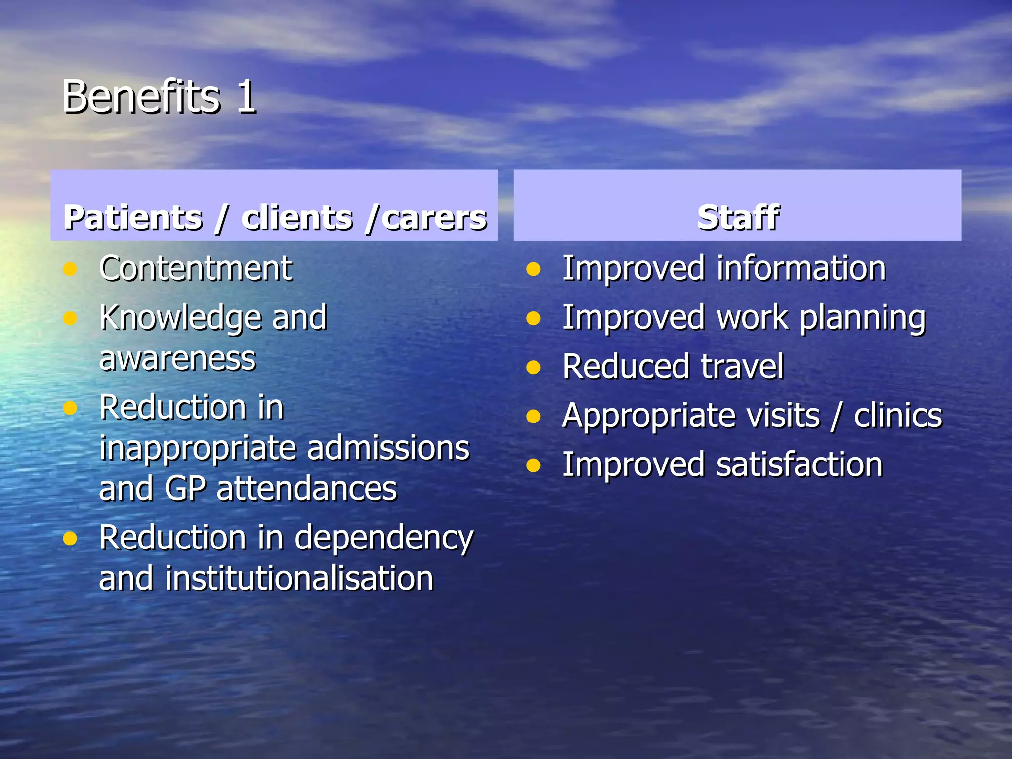 Benefits 1 Patients / clients /carers Contentment Knowledge and awareness Reduction in inappropriate admissions and GP attendances Reduction in dependency and institutionalisation Staff Improved information Improved work planning Reduced travel Appropriate visits / clinics Improved satisfaction 