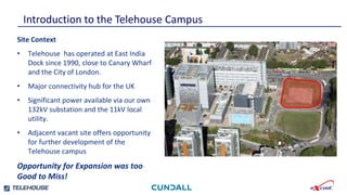 Smallest footprint and weight per kW.
Independently verified efficient water and
energy consumption.
Introduction to the Telehouse Campus
Highly developed , tested and independently
verified control strategies.
Newly developed emergency water save mode
reduces stored water requirement by a further 30%
Site Context
• Telehouse has operated at East India
Dock since 1990, close to Canary Wharf
and the City of London.
• Major connectivity hub for the UK
• Significant power available via our own
132kV substation and the 11kV local
utility.
• Adjacent vacant site offers opportunity
for further development of the
Telehouse campus
Opportunity for Expansion was too
Good to Miss!
 