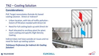 Smallest footprint and weight per kW.
Independently verified efficient water and
energy consumption.
TN2 – Cooling Solution
Highly developed , tested and independently
verified control strategies.
Newly developed emergency water save mode
reduces stored water requirement by a further 30%
Considerations:
PUE Target necessitates Outside Air based
cooling solution. Direct or Indirect?
• Urban location, with lots of traffic pollution -
Extent of filtration needed with Direct Air
• Need for full cooling back-up with Direct Air
• Roof allocated to ancillary plant for plant
room cooling and specific High Density
Cooling
Indirect does not have outside air issues and no
need for back-up cooling system
Telehouse Preference for Indirect Air Cooling
Solution!
 