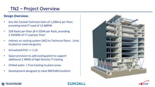 Smallest footprint and weight per kW.
Independently verified efficient water and
energy consumption.
TN2 – Project Overview
Highly developed , tested and independently
verified control strategies.
Newly developed emergency water save mode
reduces stored water requirement by a further 30%
Design Overview:
• 6no IAC-Cooled Technical Halls of 1,200m2 per floor,
providing total IT Load of 13.68MW
• 528 Racks per floor @ 4.32kW per Rack, providing
2.281MW of IT Load per Floor
• Indirect air cooling system (IAC) to Technical floors. Units
located on external gantry
• Annualised PUE <= 1.16
• Space provision to add cooling plant to support
additional 2.4MW of High Density IT Cooling
• Chilled water / Free Cooling to plant areas
• Development designed to meet BREEAM Excellent
 