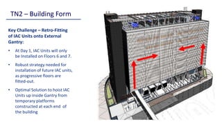 TN2 – Building Form
Key Challenge – Retro-Fitting
of IAC Units onto External
Gantry:
• At Day 1, IAC Units will only
be Installed on Floors 6 and 7.
• Robust strategy needed for
installation of future IAC units,
as progressive floors are
fitted-out.
• Optimal Solution to hoist IAC
Units up inside Gantry from
temporary platforms
constructed at each end of
the building
 