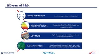 Compact design
Highly efficient
Controls
Water storage
Smallest footprint and weight per kW.
Independently verified efficient water and
energy consumption.
SIX years of R&D
Highly developed , tested and independently
verified control strategies.
Newly developed emergency water save mode
reduces stored water requirement by a further 30%
 