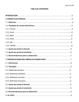 Página 1 de 19
TABLA DE CONTENIDO
INTRODUCCIÒN……………………………………………………………………………………………5
I. CORREO ELECTRÓNICO……………………………………………………………………………....6
1.1. Definición……………………………………………………………………………...........................6
1.2. Tipologías de correos electrónicos……………………………………………………………….6
1.2.1. Hotmail……………………………………………………………………………............................6
1.2.2. Gmail……………………………………………………………………………..............................6
1.2.3. IMAP……………………………………………………………………………..............................6
1.2.4. POP3…………………………………………………………………………….............................6
1.2.5. AOL……………………………………………………………………………...............................6
1.2.6. YAHOO……………………………………………………………………………..........................6
1.3. Ayuda que presta el docente……………………………………………………………………..6
1.4. Ayuda que presta al estudiante………………………………………………………………….6
1.5. Recomendaciones para su elaboración………………………………………………………..7
II. PRESENTACIONES MULTIMEDIA EN POWER POINT…………………………………………7
2.1. Definiciones……………………………………………………………………………...................8
2.2. Tipologías……………………………………………………………………………......................8
2.2.1.Multimedia educativa……………………………………………………………………………..8
2.2.2. Multimedia publicitaria……………………………………………………………………………8
2.2.3. Multimedia comercial……………………………………………………………………………..8
2.2.4. Multimedia informativa……………………………………………………………………………8
2.3. Ayuda que presta al docente…………………………………………………………………….8
2.4. Ayuda que presta al estudiante………………………………………………………………….8
2.5. Recomendaciones para su elaboración………………………………………………………..8
III. EL CHAT……………………………………………………………………………...........................9
 