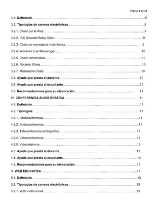 Página 2 de 19
3.1. Definición……………………………………………………………………………...........................9
3.2. Tipologías de correos electrónicos………………………………………………………………..9
3.2.1. Chats por la Web…………………………………………………………………………….............9
3.2.2. IRC (Internet Relay Chat) ………………………………………………………………………….9
3.2.3. Chats de mensajería instantánea…………………………………………………………………9
3.2.4. Windows Live Messenger…………………………………………………………………………10
3.2.5. Chats comerciales……………………………………………………………………………........10
3.2.6. Roulette Chats……………………………………………………………………………..............10
3.2.7. Multimedia Chats…………………………………………………………………………….........10
3.3. Ayuda que presta el docente……………………………………………………………………10
3.4. Ayuda que presta al estudiante………………………………………………………………...10
3.5. Recomendaciones para su elaboración………………………………………………………11
IV. CONFERENCIA AUDIO GRAFICA……………………………………………………………….11
4.1. Definición…………………………………………………………………………….....................11
4.2. Tipologías……………………………………………………………………………....................11
4.2.1. Multiconferencia…………………………………………………………………………….......11
4.2.2. Audioconferencia……………………………………………………………………………......11
4.2.3. Teleconferencia audiográfica…………………………………………………………………12
4.2.4. Videoconferencia……………………………………………………………………………....12
4.2.5. Videotelefonía…………………………………………………………………………….........12
4.3. Ayuda que presta al docente…………………………………………………………………12
4.4. Ayuda que presta al estudiante………………………………………………………………12
4.5. Recomendaciones para su elaboración …………………………………………………...12
V. WEB EDUCATIVA…………………………………………………………………………….......13
5.1. Definición……………………………………………………………………………..................13
5.2. Tipologías de correos electrónicos…………………………………………………………13
5.2.1. Web institucional……………………………………………………………………………....13
 