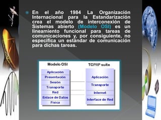  En el año 1984 La Organización
Internacional para la Estandarización
crea el modelo de interconexión de
Sistemas abierto (Modelo OSI) es un
lineamiento funcional para tareas de
comunicaciones y, por consiguiente, no
especifica un estándar de comunicación
para dichas tareas.
 