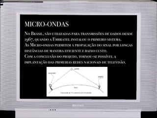 MICRO-ONDAS
No Brasil, são utilizadas para transmissões de dados desde
1967, quando a Embratel instalou o primeiro sistema.
As Micro-ondas permitem a propagação do sinal por longas
distâncias de maneira eficiente e baixo custo.
Com a conclusão do projeto, tornou-se possível a
implantação das primeiras redes nacionais de televisão.
 
