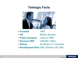 Telelogic Facts Founded   1983   HQ   Malmö, Sweden Public Company   Listed in 1999   Revenue 2005 US $180+ million  Offices 40 offices in 17 countries Development Sites USA, Sweden, UK, India   