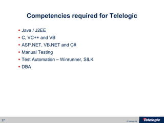 Competencies required for Telelogic Java / J2EE C, VC++ and VB ASP.NET, VB.NET and C# Manual Testing Test Automation – Winrunner, SILK DBA 