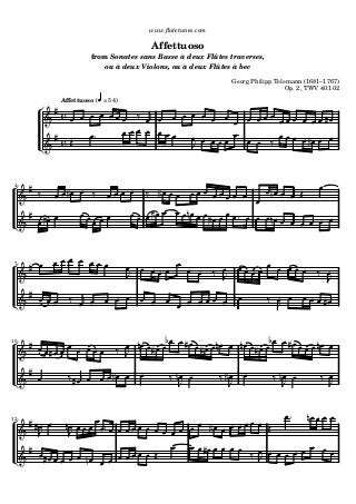 www.ﬂutetunes.com
Affettuoso
from Sonates sans Basse à deux Flûtes traverses,
ou à deux Violons, ou à deux Flûtes à bec
Georg Philipp Telemann (1681–1767)
Op. 2, TWV 40:102
Affettuoso ( = 54)
4
7
10
13
 
