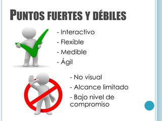 PUNTOS FUERTES Y DÉBILES
         - Interactivo
         - Flexible
         - Medible
         - Ágil

             - No visual
             - Alcance limitado
             - Bajo nivel de
             compromiso
 
