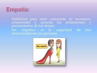Habilidad para estar consciente de reconocer,
comprender y apreciar los sentimientos y
pensamientos de los demás.
Ser empático es la capacidad de leer
emocionalmente las personas.
 