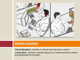 ▪ Forma Receptiva - Quando é o cliente quem liga para a central.
▪ Forma Ativa - Quando o operador liga para um cliente através do sistema
computadorizado de discagem.
MODALIDADES
 