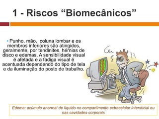 1 - Riscos “Biomecânicos”
▪ Punho, mão, coluna lombar e os
membros inferiores são atingidos,
geralmente, por tendinites, hérnias de
disco e edemas. A sensibilidade visual
é afetada e a fadiga visual é
acentuada dependendo do tipo de tela
e da iluminação do posto de trabalho.
Edema: acúmulo anormal de líquido no compartimento extracelular intersticial ou
nas cavidades corporais
 