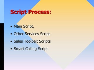 Script Process:
• Main Script,
• Other Services Script
• Sales Toolbelt Scripts
• Smart Calling Script
 