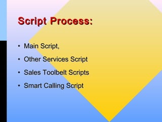 Script Process:

• Main Script,
• Other Services Script
• Sales Toolbelt Scripts
• Smart Calling Script
 