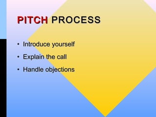 PITCH PROCESS

• Introduce yourself
• Explain the call
• Handle objections
 