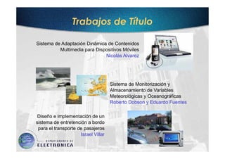 Trabajos de Título

Sistema de Adaptación Dinámica de Contenidos
          Multimedia para Dispositivos Móviles
                              Nicolás Alvarez




                                     Sistema de Monitorización y
                                     Almacenamiento de Variables
                                     Meteorológicas y Oceanográficas
                                     Roberto Dobson y Eduardo Fuentes

 Diseño e implementación de un
sistema de entretención a bordo
 para el transporte de pasajeros
                     Israel Villar
 