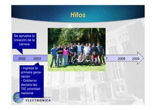 Hitos

Se aprueba la
creación de la
   carrera



  2002       2003   2004   2005   2006   2007   2008   2009

    - Ingresa la
    primera gene-
    ración
    - Gobierno
    declara las
    TIC prioridad
    nacional
 