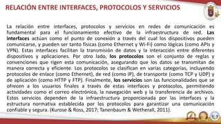 RELACIÓN ENTRE INTERFACES, PROTOCOLOS Y SERVICIOS
La relación entre interfaces, protocolos y servicios en redes de comunicación es
fundamental para el funcionamiento efectivo de la infraestructura de red. Las
interfaces actúan como el punto de conexión a través del cual los dispositivos pueden
comunicarse, y pueden ser tanto físicas (como Ethernet y Wi-Fi) como lógicas (como APIs y
VPN). Estas interfaces facilitan la transmisión de datos y la interacción entre diferentes
dispositivos y aplicaciones. Por otro lado, los protocolos son el conjunto de reglas y
convenciones que rigen esta comunicación, asegurando que los datos se transmitan de
manera correcta y eficiente. Los protocolos se clasifican en varias categorías, incluyendo
protocolos de enlace (como Ethernet), de red (como IP), de transporte (como TCP y UDP) y
de aplicación (como HTTP y FTP). Finalmente, los servicios son las funcionalidades que se
ofrecen a los usuarios finales a través de estas interfaces y protocolos, permitiendo
actividades como el correo electrónico, la navegación web y la transferencia de archivos.
Estos servicios dependen de la infraestructura proporcionada por las interfaces y la
estructura normativa establecida por los protocolos para garantizar una comunicación
confiable y segura. (Kurose & Ross, 2017; Tanenbaum & Wetherall, 2011).
 