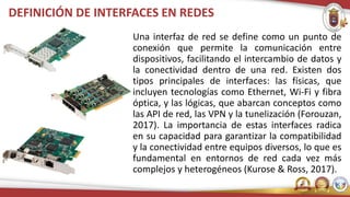 DEFINICIÓN DE INTERFACES EN REDES
Una interfaz de red se define como un punto de
conexión que permite la comunicación entre
dispositivos, facilitando el intercambio de datos y
la conectividad dentro de una red. Existen dos
tipos principales de interfaces: las físicas, que
incluyen tecnologías como Ethernet, Wi-Fi y fibra
óptica, y las lógicas, que abarcan conceptos como
las API de red, las VPN y la tunelización (Forouzan,
2017). La importancia de estas interfaces radica
en su capacidad para garantizar la compatibilidad
y la conectividad entre equipos diversos, lo que es
fundamental en entornos de red cada vez más
complejos y heterogéneos (Kurose & Ross, 2017).
 