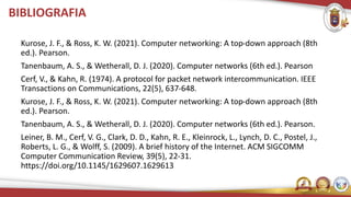 BIBLIOGRAFIA
Kurose, J. F., & Ross, K. W. (2021). Computer networking: A top-down approach (8th
ed.). Pearson.
Tanenbaum, A. S., & Wetherall, D. J. (2020). Computer networks (6th ed.). Pearson
Cerf, V., & Kahn, R. (1974). A protocol for packet network intercommunication. IEEE
Transactions on Communications, 22(5), 637-648.
Kurose, J. F., & Ross, K. W. (2021). Computer networking: A top-down approach (8th
ed.). Pearson.
Tanenbaum, A. S., & Wetherall, D. J. (2020). Computer networks (6th ed.). Pearson.
Leiner, B. M., Cerf, V. G., Clark, D. D., Kahn, R. E., Kleinrock, L., Lynch, D. C., Postel, J.,
Roberts, L. G., & Wolff, S. (2009). A brief history of the Internet. ACM SIGCOMM
Computer Communication Review, 39(5), 22-31.
https://doi.org/10.1145/1629607.1629613
 