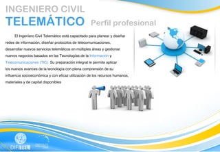  
	
  

	
  
       INGENIERO CIVIL
	
  
	
  
       TELEMÁTICO                                           Perfil profesional
	
  
              El Ingeniero Civil Telemático está capacitado para planear y diseñar
	
  
       redes de información, diseñar protocolos de telecomunicaciones,
	
  
       desarrollar nuevos servicios telemáticos en múltiples áreas y gestionar
	
  
       nuevos negocios basados en las Tecnologías de la Información y
	
  
       Telecomunicaciones (TIC). Su preparación integral le permite aplicar
	
  
       los nuevos avances de la tecnología con plena comprensión de su
	
  
	
  
       influencia socioeconómica y con eficaz utilización de los recursos humanos,

	
     materiales y de capital disponibles
       	
  
	
  
	
  

	
  
	
  
	
  

	
  

	
  
	
  
	
  

	
  
 
