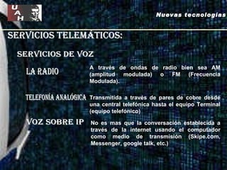 servicios telemáticos: Servicios de voz La radio telefonía analógica voz sobre ip No es mas que la conversación establecida a través  de la internet usando el computador como medio de transmisión (Skipe.com, Messenger, google talk, etc.) Transmitida a través de pares de cobre desde una central telefónica hasta el equipo Terminal (equipo telefónico) A través de ondas de radio bien sea AM (amplitud modulada) o FM (Frecuencia Modulada). Nuevas tecnologías 