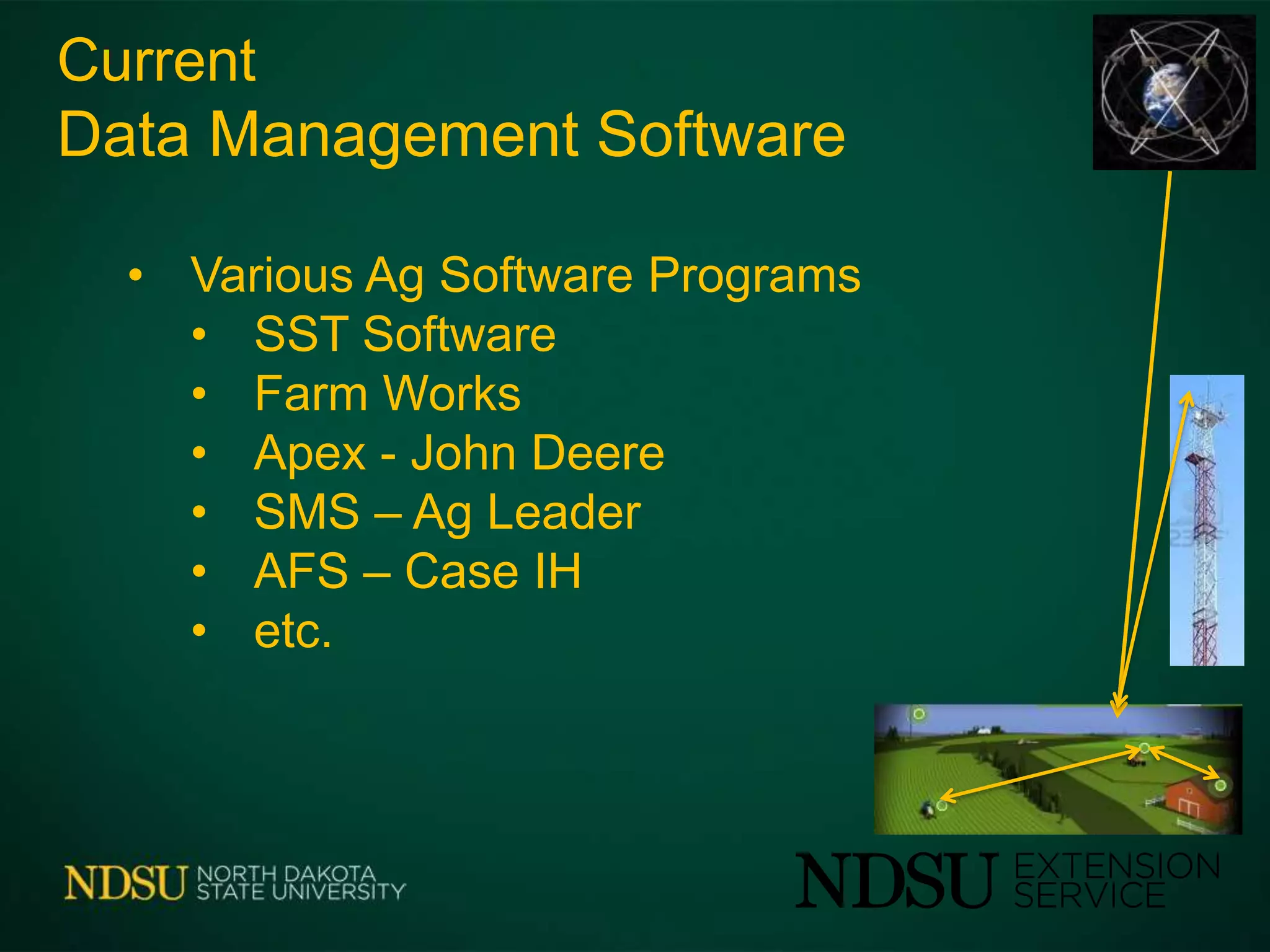 Current
Data Management Software
• Various Ag Software Programs
• SST Software
• Farm Works
• Apex - John Deere
• SMS – Ag Leader
• AFS – Case IH
• etc.
 