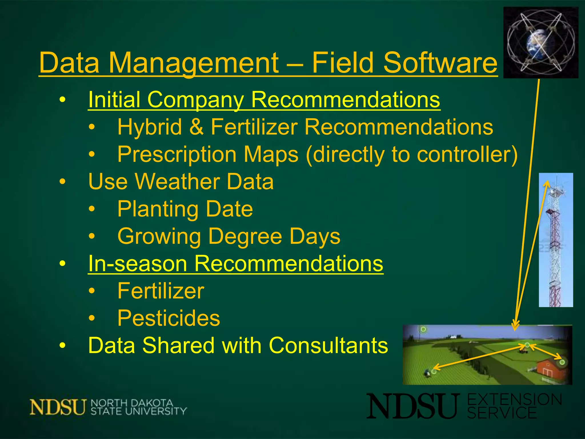Data Management – Field Software
• Initial Company Recommendations
• Hybrid & Fertilizer Recommendations
• Prescription Maps (directly to controller)
• Use Weather Data
• Planting Date
• Growing Degree Days
• In-season Recommendations
• Fertilizer
• Pesticides
• Data Shared with Consultants
 