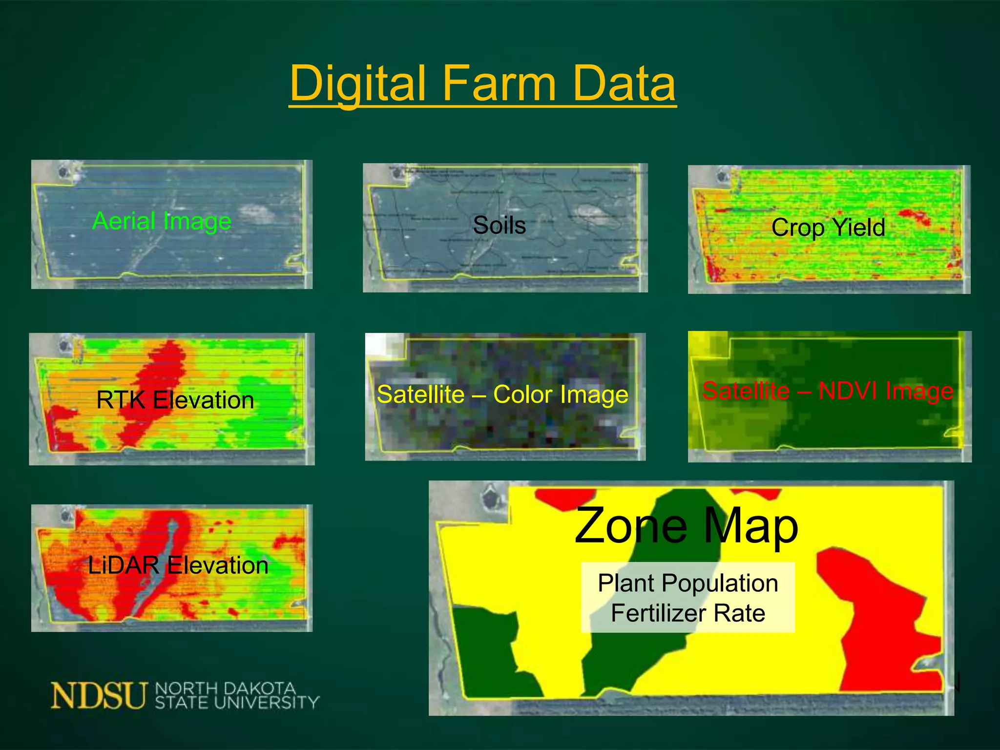 Digital Farm Data
Aerial Image Soils Crop Yield
RTK Elevation
LiDAR Elevation
Satellite – Color Image Satellite – NDVI Image
Zone Map
Plant Population
Fertilizer Rate
 