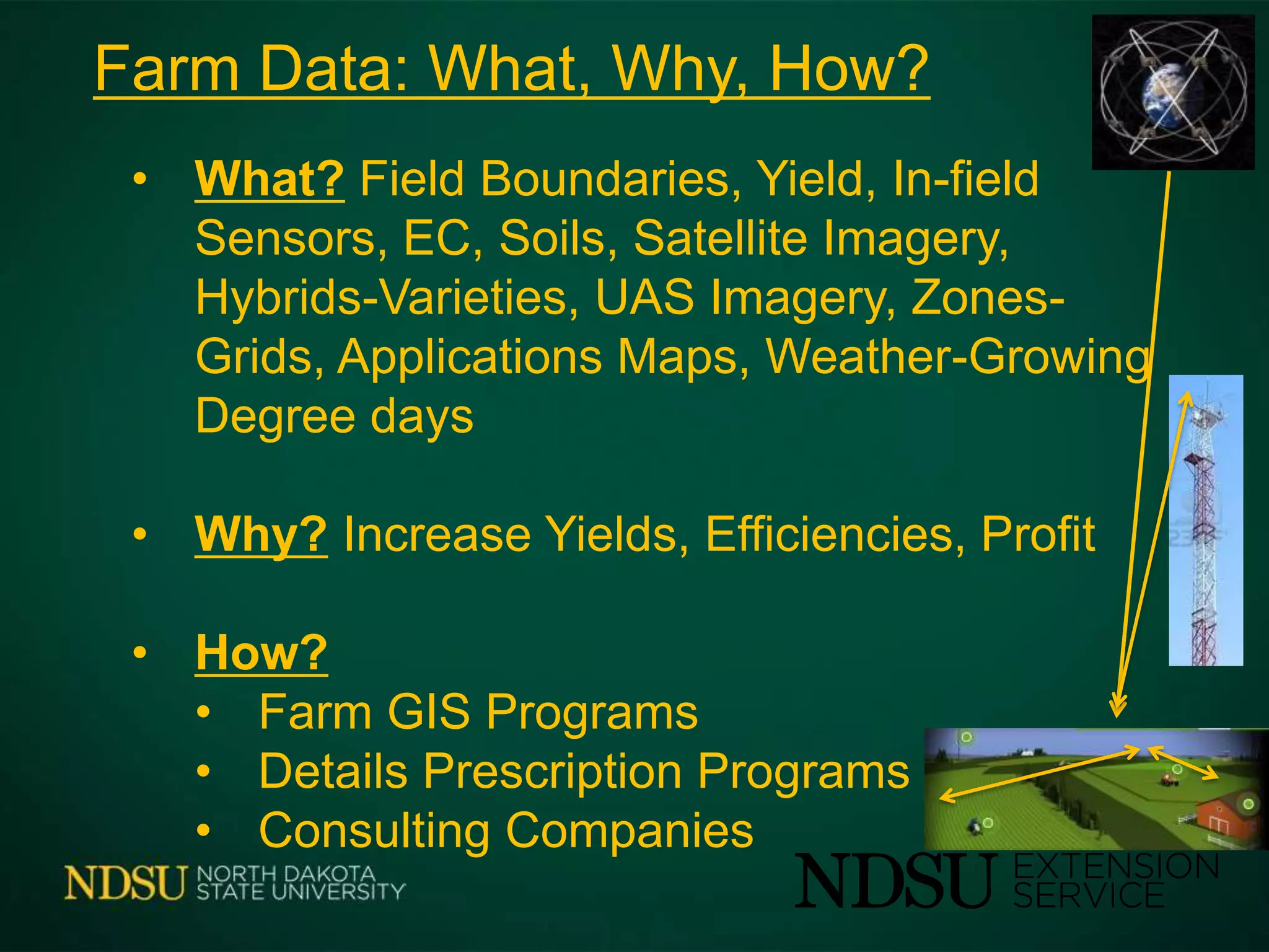 Farm Data: What, Why, How?
• What? Field Boundaries, Yield, In-field
Sensors, EC, Soils, Satellite Imagery,
Hybrids-Varieties, UAS Imagery, Zones-
Grids, Applications Maps, Weather-Growing
Degree days
• Why? Increase Yields, Efficiencies, Profit
• How?
• Farm GIS Programs
• Details Prescription Programs
• Consulting Companies
 