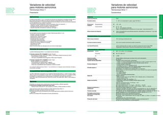 2/138 2/139
2
Variadores
de
velocidad
y
arrancadores
suaves
Telemecanique
Variadores de velocidad
para motores asíncronos
Telemecanique Altivar 11
Características
Entorno
Grado de protección IP 20
Humedad relativa 5 ... 93 % sin condensación ni goteo, según IEC 68-2-3
Temperatura Almacenamiento °C - 25…+ 65
ambiente
Funcionamiento °C I - 10…+ 40
I - 10…+ 50: quitando el obturador
Hasta + 60 desclasificando la corriente en 2,2 % por cada °C por encima de 50 °C
Altitud máxima de utilización m 1000 sin desclasificación (para altitudes superiores, desclasificar la corriente de 1 % por cada
100 m adicionales )
Características de accionamiento
Sobre torque transitorio 150 % del torque nominal del motor
Corriente transitoria máxima 150 % de la corriente nominal del variador durante 60 s.
Ley tensión/frecuencia Control vectorial de flujo sin captor con señal de comando del motor del tipo PWM
Preajustado en fábrica para la mayoria de las aplicaciones a torque constante.
Presentación: 2/26
Características: 2/27
Referencias: 2/28
Esquemas: 2/29
Dimensiones: 2/30
Características eléctricas
Alimentación Tensión V 200 - 15 % a 240 + 10 % monofásica
Frecuencia Hz 50 ± 5 % ó 60 ± 5 %
Icc A ≤ 1000
Tensión de salida Tensión trifásica máxima igual a la tensión de la red de alimentación
Frecuencia de salida 0,5..200 Hz
Fuentes internas disponibles Protegidas contra cortocircuitos y sobrecargas:
- 1 fuente + 5 V para el potenciómetro de consigna (2,2 a 10 kΩ), corriente máxima 10 mA
- 1 fuente + 15 V para las entradas de mando, corriente máxima 100 mA
Entrada analógica AI 1 entrada analógica configurable:
- en tensión 0-5 V o 0-10 V, impedancia 40 kΩ
- en corriente 0-20 mA ó 4 - 20 mA (sin agregar resistencia exterior) de 250 Ω
Entradas lógicas LI 4 entradas lógicas afectables con una impedancia 5 kΩ
Alimentación + 15 V interna o 24 V externa (mini 11 V, maxi 30 V).
Ajuste de fábrica con tipo de comando 2 hilos en modo “transición” por razones de seguridad
de las máquinas:
- LI1: sentido adelante,
- LI2: sentido reversa,
- LI3/LI4: 4 velocidades preseleccionadas,
Salida DO Reglaje de fábrica:
- salida de colector abierto del tipo PWM a 2 kHz. Utilizable sobre un miliamperímetro,
- corriente máxima 10 mA,
- impedancia de salida 1 kΩ, linealidad ± 1 %.
Salidas rele (RA-RC) 1 salida lógica a relé RA-RC protegido (contacto abierto en falla)
1 contacto “NO”
Poder de conmutación mínimo: 10 mA para A 24 V
Poder de conmutación máximo:
I en carga resistiva (cos  = 1): 5 A para C 250 VCA o A 30 VCC
I en carga inductiva (cos  = 0,4 y L/R = 7 ms): 2 A para C 250 V o A 30 VCC
Rampas de aceleración y Forma de las rampas: lineales de 0,1 a 99,9 s
deceleración Adaptación automática del tiempo de rampa de desaceleración en caso de sobrepasar la
capacidad de frenado, supresión posible de esta adaptación (uso de módulo de frenado)
Frenado de parada Por inyección de CC automáticamente en la parada cuando la frecuencia es nula (0 Hz),
duración regulable de 0,1 a 30 s o permanente, corriente regulable de 0 a 1,2 In
Principales protecciones y I Protección térmica contra calentamientos excesivos
dispositivos de seguridad I Protección contra cortocircuitos entre las fases de salida
del variador I Protección contra sobrecorrientes entre las fases de salida y la tierra a la puesta en tensión
unicamente.
I Protección por sub y sobre tensión de red
Protección del motor Protección térmica integrada en el variador por cálculo permanente del I2
t.
Borrado de la memoria térmica a la desenergización
Aplicaciones
El Telemecanique Altivar 11 es un convertidor de frecuencia de alimentación monofásica de 200 a 240 V,
para motores asíncronos trifásicos de jaula de potencias comprendidas entre 0,18 kW y 2,2 kW.
El TelemecaniqueAltivar 11 incorpora los últimos avances tecnológicos, así como las funciones necesarias
para las aplicaciones más usuales, en particular:
- manutención horizontal (pequeñas correas de transporte, líneas de transporte…),
- ventilación, bombas, controles de acceso, puertas automáticas...
- embalaje/acondicionamiento (encoladoras, etiquetadoras…),
- máquinas especiales (mezcladoras, lavadoras, centrífugas…).
Funciones
Las principales funciones integradas al variador Telemecanique Altivar 11 son:
- arranque y variación de velocidad,
- inversión del sentido de marcha,
- desaceleración, aceleración, parada,
- protecciones del motor y variador,
- comando dos hilos o tres hilos,
- 4 velocidades preseleccionadas,
- memorización de la configuración en el variador,
- inyección de corriente continua en la parada,
- conmutación de rampa,
- retoma al vuelo, etc...
Varias funciones pueden ser afectadas sobre una misma entrada lógica.
Variantes de construcción
La oferta Telemecanique Altivar 11 se compone de dos versiones:
T Variador estándar ATV-11HUIIM2E (versión “Europa”)
Para ambientes normales, dentro de un tablero, comandadas mediante borneras de control.
- Funcionamiento en lógica positiva,
- Filtro para compatibilidad electromagnética (CEM) clase B integrado
T Variador equipado ATV-11HUIIM2A (versión “Asia”)
Variador equipado con comando local.
- Funcionamiento con lógica positiva o negativa,
- Comandos locales: teclas Run, Stop y Potenciometro
- Filtros para compatibilidad electromagnética a solicitar en opción.
Los variadores Telemecanique Altivar 11 se suministran con disipador para ambientes normales y
envolventes ventiladas
Compatibilidad electromagnética CEM
Los filtros CEM están incorporados en los variadores Telemecanique Altivar 11 versión “Europa” y dispo-
nibles en opción en los variadores versión “Asia”. La incorporación de los filtros en los variadores facilita
la instalación y la adecuación de las máquinas para el marcado CE, de forma muy económica.
Estos filtros están dimensionados para cumplir las normas: EN 61800-3/IEC 1800-3, redes públicas e
industriales.
Opciones
El variador se comunica punto a punto solo con las herramientas y software siguientes:
T Soluciones de diálogo evolucionado Power Suite:
- Software Power Suite para PC, para configurar el variador y realizar puestas en marcha.
Varias opciones pueden estar asociadas al variador Telemecanique Altivar 11:
T Módulo de frenado conectado al bus DC del variador.
T Resistenciasdefrenado,paradisipacióndelaenergiaregeneradaalvariadorcuandoelmotoresun
generador.
T Filtros de entrada CEM, atenuadores de radio perturbaciones.
Presentación: 2/26
Características: 2/27
Referencias: 2/28
Esquemas: 2/29
Dimensiones: 2/30
Variadores de velocidad
para motores asíncronos
Telemecanique Altivar 11
Presentación
 