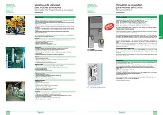 2/172 2/173
2
Variadores
de
velocidad
y
arrancadores
suaves
Telemecanique
Variadores de velocidad
para motores asíncronos
Telemecanique Altivar 71, para máquinas de torque elevado
Presentación
Aplicaciones
La gama de variadores de velocidad TelemecaniqueAltivar 71 permite satisfacer las mayores
exigencias gracias a los diferentes tipos de control motor y las numerosas funcionalidades
integradas. Está adaptada a los accionamientos más exigentes:
Par y precisión de velocidad a velocidad muy baja, dinámica elevada con control vectorial
de flujo con o sin captador.
Gama de frecuencia ampliada para los motores de alta velocidad.
Puesta en paralelo de motores y accionamientos especiales gracias a la ley en tensión/
frecuencia.
Precisión de velocidad estática y ahorro energético para los motores síncronos en lazo
abierto.
Flexibilidad sin sacudidas para las máquinas excéntricas con el ENA System
(Energy Adaptation System).
Las funciones del Telemecanique Altivar 71 aumentan el rendimiento y la flexibilidad de uso
de las máquinas para múltiples aplicaciones.
Elevación
Control de freno adaptado a los movimientos de traslación, de elevación y de giro.
Medición de la carga por sensor externo.
Elevación a gran velocidad.
Manejo por retroalimentación del freno.
Posicionamiento a través de finales de carrera.
Manutención
Tiempo de reacción muy corto ante una orden de control: 2 ms (± 0,5 ms).
Consigna por tren de impulsos o por entrada analógica diferencial.
Control por las principales redes de comunicación.
Posicionamiento por interruptores de final de carrera con optimización del tiempo
a baja velocidad.
Multiparametrización por conmutación de juegos de parámetros.
Embalaje
Ancho de banda hasta 50 Hz.
Tiempo de reacción muy corto ante una orden de control: 2 ms (± 0,5 ms).
Control por bus CANopen integrado.
Posicionamiento a través de finales de carrera.
Máquinas textiles
Alta resolución de la consigna de velocidad numérica (1/32000).
Precisión de velocidad sea cual sea la carga al utilizar un motor síncrono.
Ancho de banda elevado.
Función de guiado de hilo.
Conexión a barra de tensión continua.
Máquinas para madera
Funcionamiento hasta 1.000 Hz.
Parada controlada lo más rápido posible tras corte de red.
Control por bus CANopen integrado.
Protección del motor contra las sobretensiones.
Máquinas de proceso
Regulador PID.
Alta resolución de la consigna.
Control de velocidad o de par.
Conexión a las principales redes de comunicación.
Alimentación separada del control.
Unidad de frenado por reinyección hacia la red.
Conexión a barra de tensión continua.
Accesorios
Control de freno adaptado para la comodidad en la cabina.
Tratamiento de la medida de la carga por sensor externo.
Conformidad de los relés con la norma de seguridad del ascensor EN 81-13-2-2-3.
Control por bus CANopen integrado.
Mando con control de integridad del contactor de salida.
Función de liberación de la cabina.
La gama de variadores de velocidad Telemecanique Altivar 71 cubre las potencias de motor
comprendidas entre 0,37 kW y 500 kW con los siguientes rangos:
200…240 V monofásica, de 0,37 kW a 5,5 kW, IP20, (ATV71H...M3). (1)
380…480 V trifásica, de 0,75 kW a 500 kW, IP20 (ATV71H...N4).
380…480 V trifásica, de 0,75 kW a 90 kW, IP54 (ATV71W...N4), (1).
500…690 V trifásica, de 1,5 kW a 630 kW, NEMA1/IP54 (ATV71H...Y ), (1).
El variador Telemecanique Altivar 71 integra de forma estándar los protocolos Modbus y
CANopen así como numerosas funciones.
Estas funciones pueden ampliarse por medio de tarjetas opcionales de comunicación, entradas/
salidas e interface de codificador, ver Opciones.
Toda la gama cumple con las normas internacionales IEC-EN 61800-5-1, IEC-EN 61800-2, IEC-
EN 61800-3, está certificada conforme a o, UL, CSA, DNV, C-Tick, NOM 117, GOST y ha sido
desarrollada para responder a las directivas sobre la protección del entorno (RoHS, WEEE, etc.).
El variador Telemecanique Altivar 71 se inserta en la cadena de seguridad de las instalaciones.
Integra la función de seguridad “Power Removal” que prohíbe el arranque intempestivo del
motor.
Esta función cumple con la norma sobre máquinas EN 954-1 categoría 3, con la norma sobre
instalaciones eléctricas IEC-EN 61508 SIL2 y con el proyecto de norma de accionamiento de
potencia IEC-EN 61800-5-2.
Compatibilidad electromagnética CEM
La incorporación de filtros CEM en los variadores ATV 71HIIIN4 y la consideración de CEM
facilitan la instalación y la conformidad de los equipos para el marcado o, de forma muy
económica.
Otras opciones externas como resistencias de frenado, filtros y módulos regenerativos comple-
tan esta oferta, ver Opciones.
Oferta completa
Instalación
El variador Telemecanique Altivar 71 se ha desarrollado para optimizar el dimensionamiento de
las envolventes (armarios, cofres, etc.):
La parte de potencia, de grado de protección IP54, puede montarse fácilmente en el exterior
de la envolvente con la ayuda del kit para montaje empotrado con envolvente estanco
VW3 A9 5II. Este montaje permite limitar la emisión de calor en la envolvente o reducir su
tamaño, (1).
Temperatura ambiente en la envolvente:
50 ˚C sin desclasificación.
Hasta 60 ˚C utilizando el kit de ventilación de control VW3 A9 4II en función de los calibres
y eventualmente desclasificando la corriente de salida, (1).
Montaje yuxtapuesto, (1).
También puede instalarse en la pared respetando la conformidad con NEMA tipo 1 con el kit
VW3 A9 2II, IP21 o IP31 con el kit VW3 A9 1II, (1).
(1) Mayor información consultar.
ATV 71HC28N4,
ATV 71HD37N4, ATV 71HU22N4
533235
ATV 71HU75N4 para montaje empotrado.
Variadores de velocidad
para motores asíncronos
Telemecanique Altivar 71
Presentación
106396
532539
532538
Presentación: 2/60
Características: 2/64
Funcionamiento: 2/68
Referencias: 2/70
Asociaciones: 2/71
Esquemas: 2/72
Opciones: 2/74
Dimensiones: 2/91
Presentación: 2/60
Características: 2/64
Funcionamiento: 2/68
Referencias: 2/70
Asociaciones: 2/71
Esquemas: 2/72
Opciones: 2/74
Dimensiones: 2/91
 