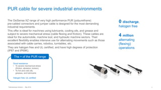 Telemecanique Sensors – May 2016 7
PVC cable for general use
The OsiSenseTM
XZ range of PVC pre-wired connectors and jumper cables
for general use is recommended for machines in nondemanding environments
and subject only to moderate mechanical stress.
These products are particularly suited to assembly, material handling,
and packaging machines.
The sheath color distinguishes the two versions available:
• Gray sheath for versions with metric connectors (M8 and M12)
• Yellow sheath for versions with imperial connectors (1/2” and 7/8”)
Good resistance
• to moderate mechanical stress
• to chemical products
• to humid environments
Easy cable stripping, UL certified
PVC
economy
and competitiveness
The + of the PVC range
 
