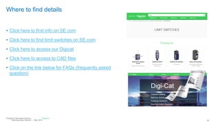 Telemecanique Sensors – May 2016 20
Where to find details
• Click here to find info on SE.com
• Click here to find limit switches on SE.com
• Click here to access our Digicat
• Click here to access to CAD files
• Click on the link below for FAQs (frequently asked
question)
Page 20Property of Schneider Electric |
 