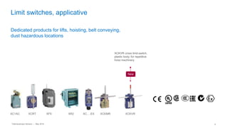 Telemecanique Sensors – May 2016 6
Limit switches, applicative
Dedicated products for lifts, hoisting, belt conveying,
dust hazardous locations
XCKVR cross limit-switch,
plastic body, for repetitive
hoist machinery
XF9 XR2 XC….EX XCKMR XCKVR
New
XCRTXC1AC
 