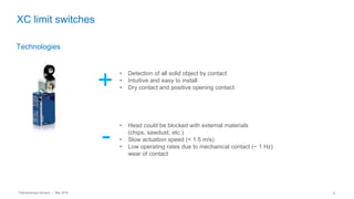 Telemecanique Sensors – May 2016 8
XC limit switches
Technologies
• Detection of all solid object by contact
• Intuitive and easy to install
• Dry contact and positive opening contact+
• Head could be blocked with external materials
(chips, sawdust, etc.)
• Slow actuation speed (< 1.5 m/s)
• Low operating rates due to mechanical contact (~ 1 Hz)
wear of contact
-
 