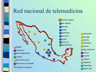 Red nacional de telemedicina Distrito Federal Querétaro Guerrero Colima Veracruz Puebla Quintana Roo Morelos Edo. México PEMEX Politécnico Satélite Red directa a la UNAM Red del Noroeste UNAM y/o Noroeste Red Independiente Durango Guanajuato Sonora Chihuahua Baja California Sinaloa Oaxaca Yucatán Tabasco Campeche Tamaulipas Nuevo León 