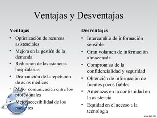 Ventajas y Desventajas
Ventajas
• Optimización de recursos
asistenciales
• Mejora en la gestión de la
demanda
• Reducción de las estancias
hospitalarias
• Disminución de la repetición
de actos médicos
• Mejor comunicación entre los
profesionales
• Mejor accesibilidad de los
pacientes
Desventajas
• Intercambio de información
sensible
• Gran volumen de información
almacenada
• Compromiso de la
confidencialidad y seguridad
• Obtención de información de
fuentes pocos fiables
• Amenazas en la continuidad en
la asistencia
• Equidad en el acceso a la
tecnología
 